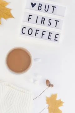 But first coffee text on lightbox with Coffee Cup Stock Photos