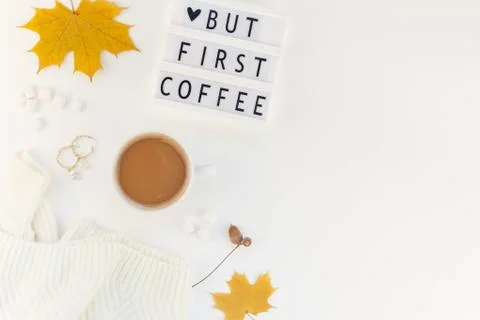 But first coffee text on lightbox with Coffee Cup Stock Photos