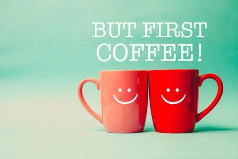 But First Coffee word withTwo cups of coffee and stand together Stock Photos