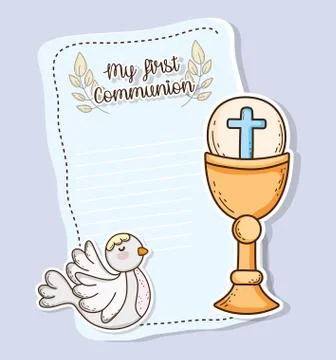 First communion card with host wafer and chaliz with dove Stock Illustration