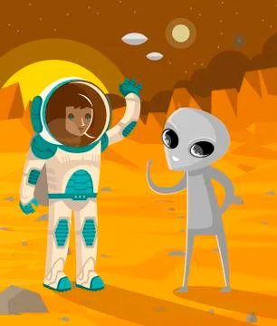 First contact in mars with gray alien and astronaut Stock Illustration