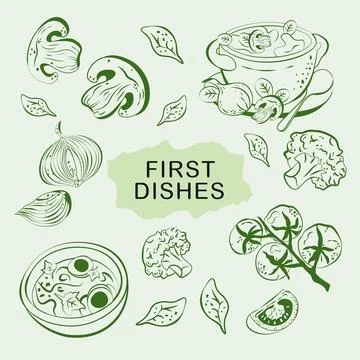 First courses vector hand drawing illustration soup cherry tomatoes mushrooms Stock Illustration