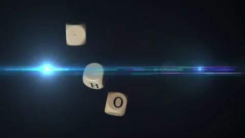 First cube drifting in, cubes rotating, tumbling across blue flare, colliding, Stock Footage 323275359