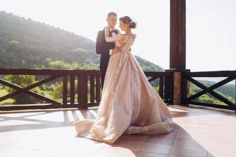 The first dance of the young. The bride and groom are dancing their first dance. Stock Photos