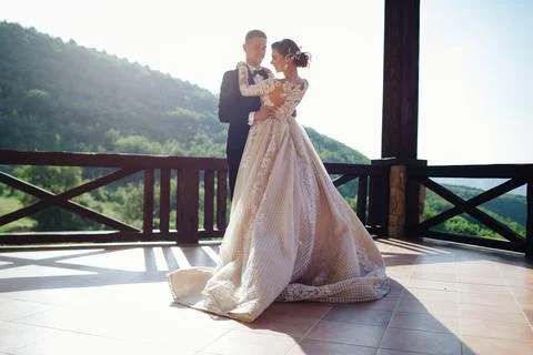 The first dance of the young. The bride and groom are dancing their first dance. Stock Photos