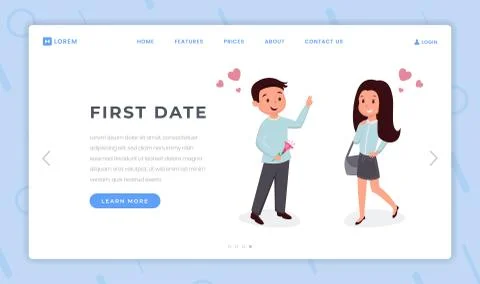 First date landing page flat template. Young love, students romantic feelings Stock Illustration