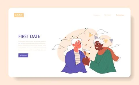 First Date web or landing. Joyful elderly couple sharing a toast on their first Stock Illustration