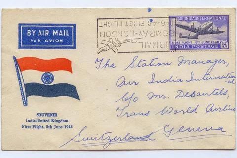 First day cover of first flight united kingdom, postage stamps, india, asi... Fotos de archivo