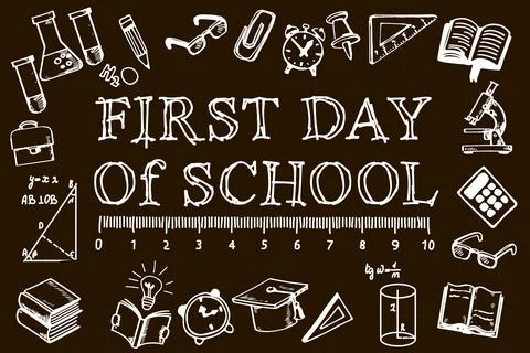 First day of school banner, postcard, poster, announcement, education, invita Stock Illustration