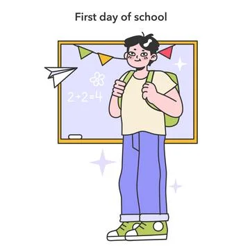 First day of school. Boy with backpack standing in front of blackboard. Stock Illustration
