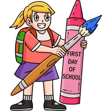 First Day of School Child Brush Crayon Clipart Stock Illustration
