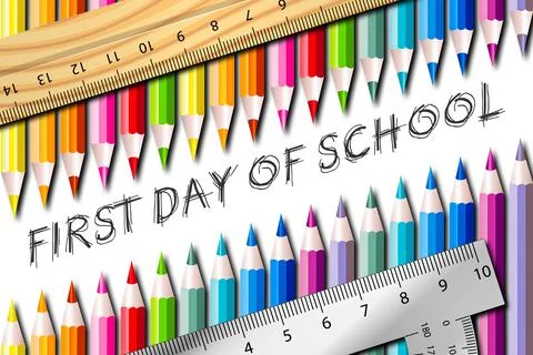 First day of school. Colored pencils in a row and a ruler. Stock Illustration