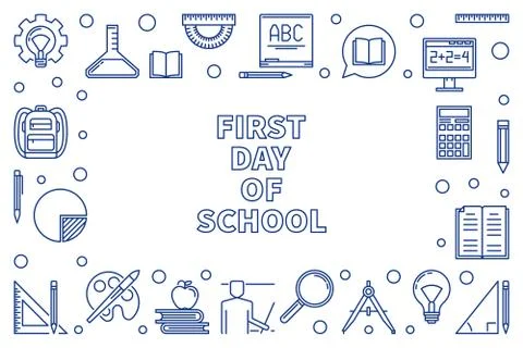 First Day of School concept horizontal frame in outline style Stock Illustration