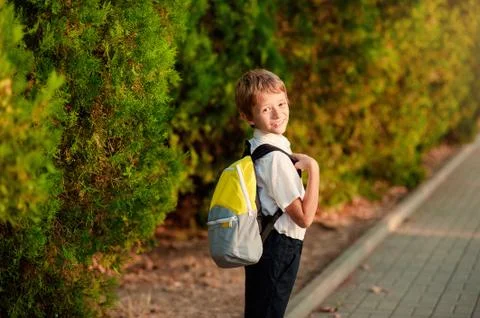 First day at school. Elementary Student, Little Boys, Backpack. Stock Photos