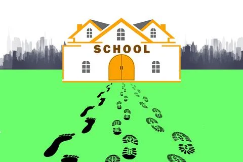 First day of school. Footprints lead to the school. Stock Illustration