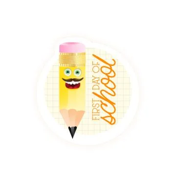 First day of school typography with cartoon pencil character ready to print Illustrazione stock