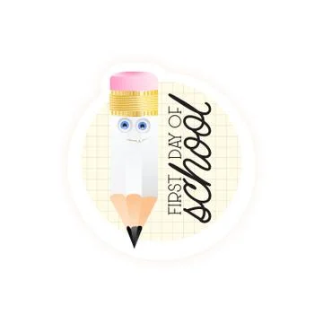 First day of school typography with cartoon pencil character ready to print Stock Illustration