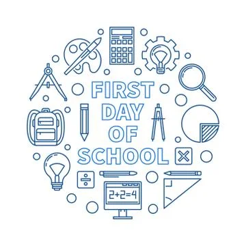 First Day of School vector round outline blue illustration Stock Illustration