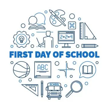 First Day of School vector round outline blue illustration Stock Illustration