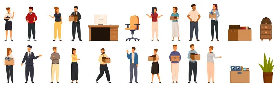 First day work icons set. Employees leaving office carrying boxes with belo.. 스톡 일러스트