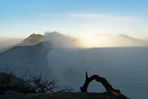 First daylight and mountain shadow at the active volcano Ijen First daylig... Stock-Fotos