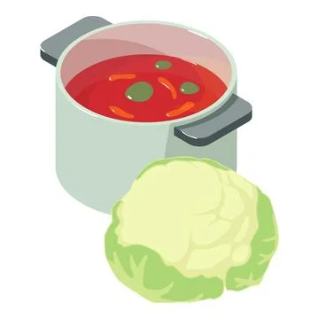 First dish icon isometric vector. Vegetable red soup and cauliflower head icon Ilustración de archivo