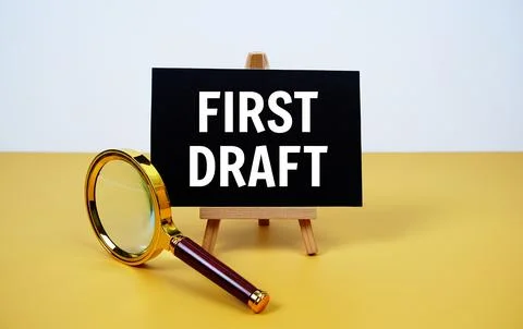 First Draft text on paper card with magnifying glass on yellow background Foto stock
