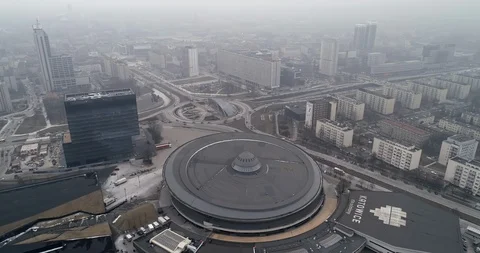 First, the drone flies over Spodek, next to which the International Conferenc Stock Footage 106834518