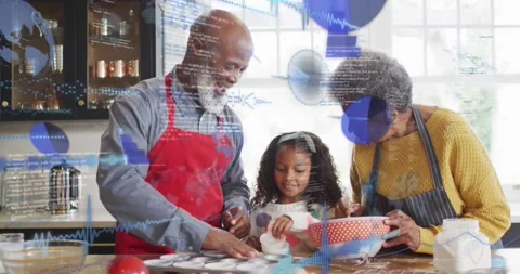 First egg cracking by grandfather starting baking, seniors and child mixing, Stock Footage 333903153