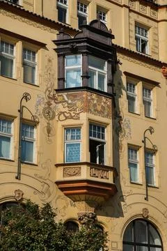 The first facade in the neo-Gothic style is decorated with sgraffito after th Stock Photos