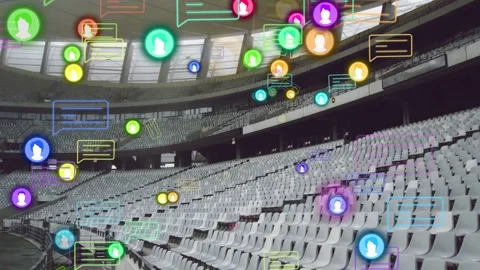 First floating avatar icons initiating spread, arcing across empty stadium, Stock Footage 333193655