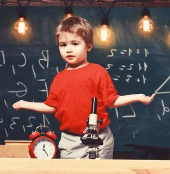 First former confused with studying, learning, education. Child with confused Stock Photos