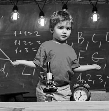 First former confused with studying, learning, education. Child with confused Stock Photos