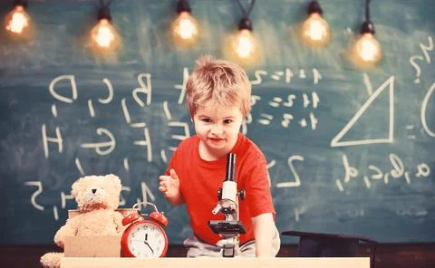 First former interested in studying, learning, education. Kid boy near Stock Photos