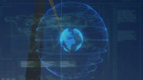 On first frame appearing wireframe globe emerging, rotating, rings building, Vídeos de archivo 309893513