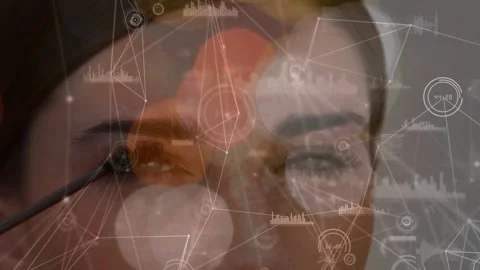 First frame fading triggers HUD overlay on face while brush coating lashes for Stock Footage 327784704
