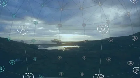 On first frame network overlay appearing over coast, nodes lighting, lines Stock Footage 334351788