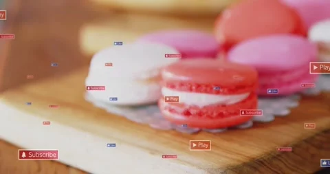 First frame revealing red-pink macaron, UI overlays floating from edges, Stock Footage 327782501