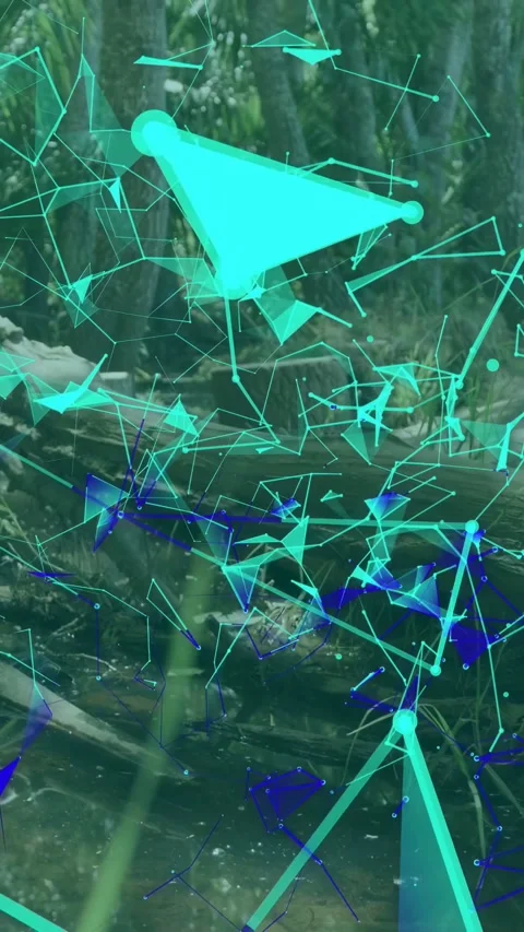 First frame starting teal blue mesh with nodes forming over creek, showing AR Stock Footage 332644997
