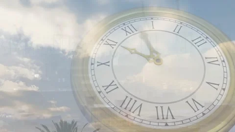 From first frame transparent clock rotating hands with drifting clouds Stock Footage 319800883
