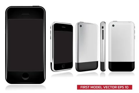 First Generation of model smartphone in different view (front, side, back), M Illustrazione stock