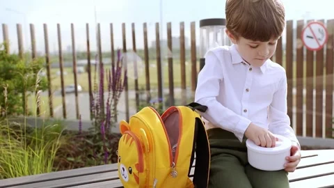 First grade school boy sits outside and opens vegetable lunch Stock Footage 244930432
