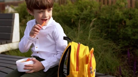 First grade school boy sits outside and opens vegetable lunch Stock Footage 246506903