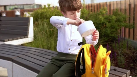 First grade school boy sits outside and opens vegetable lunch Stock Footage 246829178