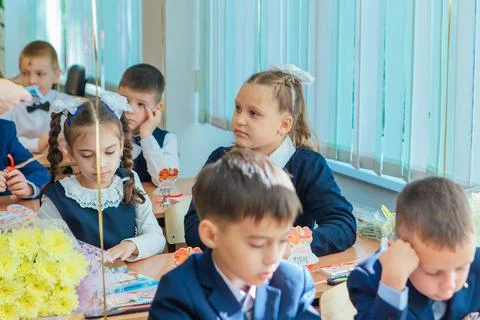 First-grade students and teacher are in school classroom at first lesson. The Stock Photos