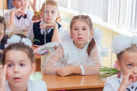First-grade students and teacher are in school classroom at first lesson. The Stock Photos