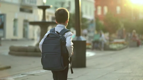A first grader with a backpack on his back goes home from school after the end Vídeos de archivo 204882534