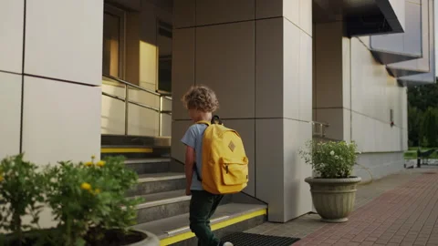 First-Grader Boy With Backpack Walking Into Entrance Of School Building Video stock 249499320