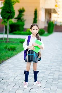 A first-grader girl with a backpack and a book in her hands at the school i.. 스톡 사진
