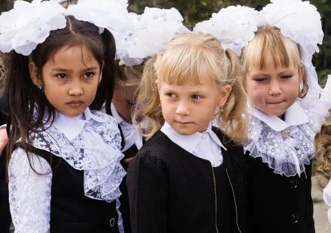 First-grader at the "Knowledge Day" on September 1 in the school Stock Photos